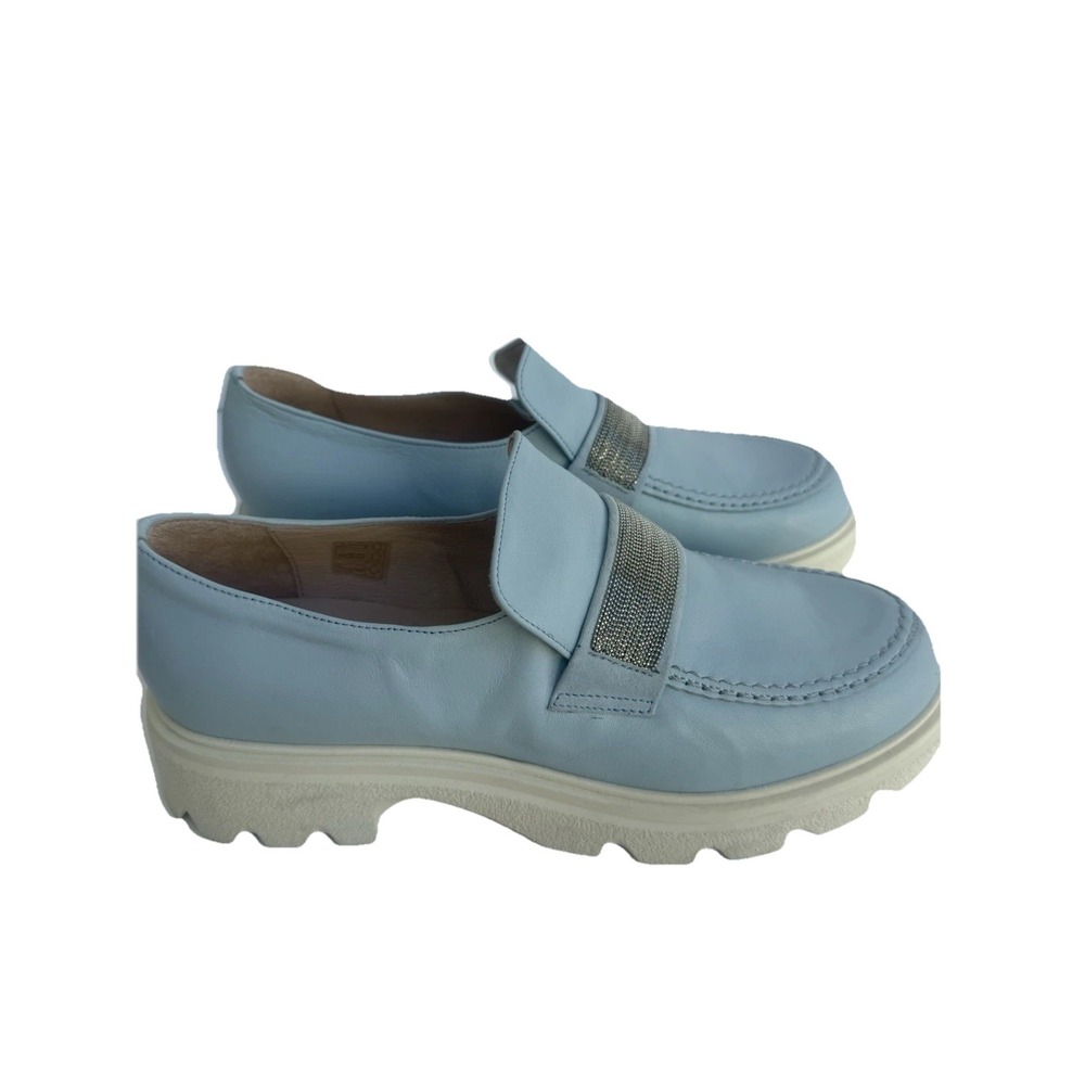 ETHEM Light Blue Leather Lug Sole Loafers Metallic Bead Strap Made in Italy 40